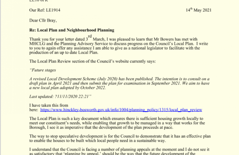 Dr Luke Evans MP offer of support to council with Local Plan