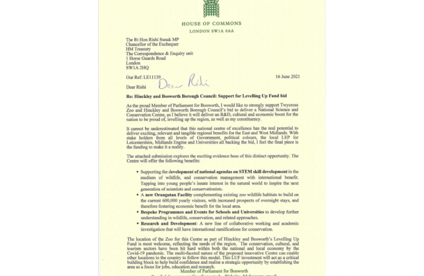 Dr Luke's supportive letter to the Chancellor of the Exchequer for Twycross Zoo's bid